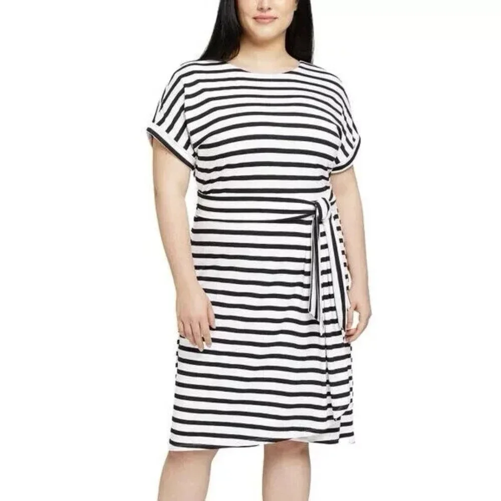 Chaps Women's Plus Size XXL Black White Striped Stretch Short Sleeve Dress NWT - Picture 1 of 5
